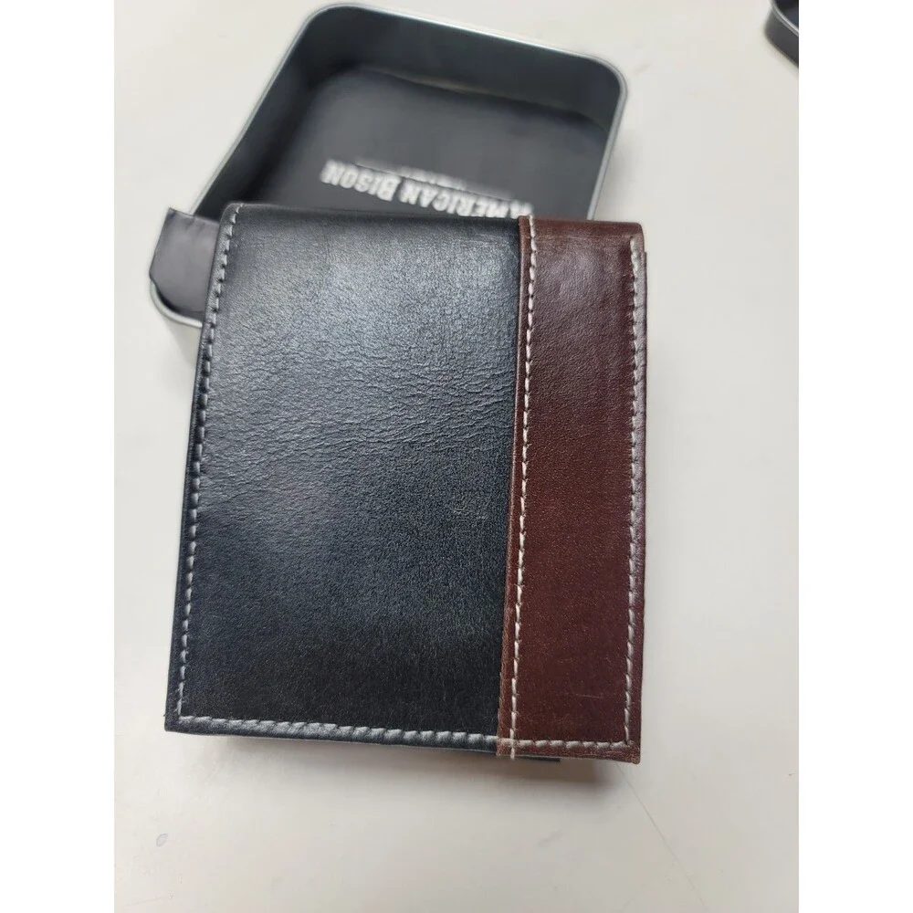 American Bison Men’s Black Brown Genuine Leather Bifold Wallet New